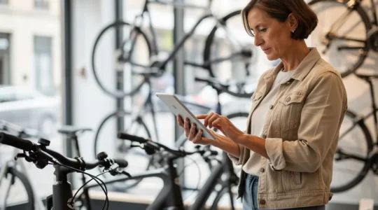 Femme consultant tablette devant un rayon de vélos électriques en boutique spécialisée