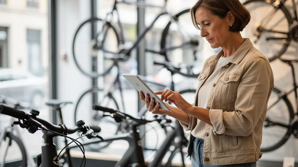 Femme consultant tablette devant un rayon de vélos électriques en boutique spécialisée