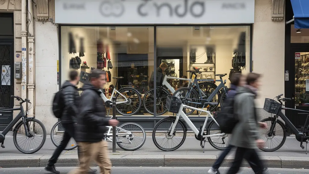Façade de boutique vélo avec vélos électriques visibles en vitrine sur rue française