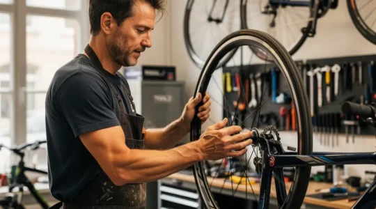 Mécanicien vélo inspectant une roue dans un atelier parisien lumineux
