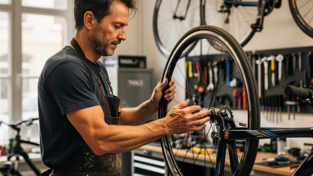 Mécanicien vélo inspectant une roue dans un atelier parisien lumineux