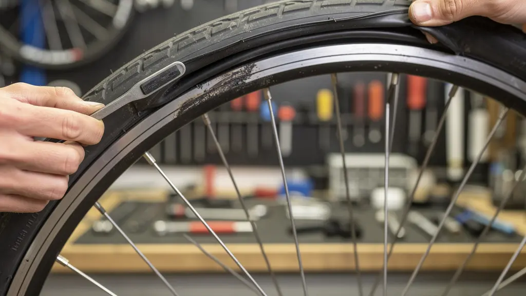 Roue de vélo avec chambre à air visible pendant réparation crevaison